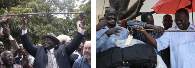 Left: Riek Machar and Douglas H. Johnson during the dang's welcome ceremony in Juba, 16 May 2009 (Sudan Tribune). Right: SAF Major General Mabior Bol, Gabriel Tang-ginya and Vice-President Riek Machar join in holding the dang during reconciliation talks between militia leaders and the SPLM, 17 October 2010 (Matt Brown).