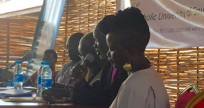 Jacob Madhel, Isaac Kenyi, Enock Tombe and Akuja de Garang at the 2016 Juba lectures. Photograph by John Ryle