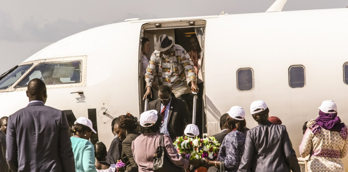 First Vice President Designate Riek Machar arrives in Juba, 19 April 2016, UNMISS.