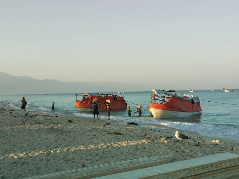 Yemeni fishing boats moored on a landing beach.