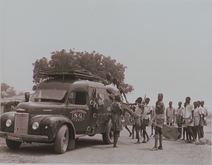 Sudan Veterinary Service lorry transporting workers to catch tsetse fly (Gogrial Area). May 1952. Image Courtesy of the Sudan Archive, Durham (SAD_718-009-002). 