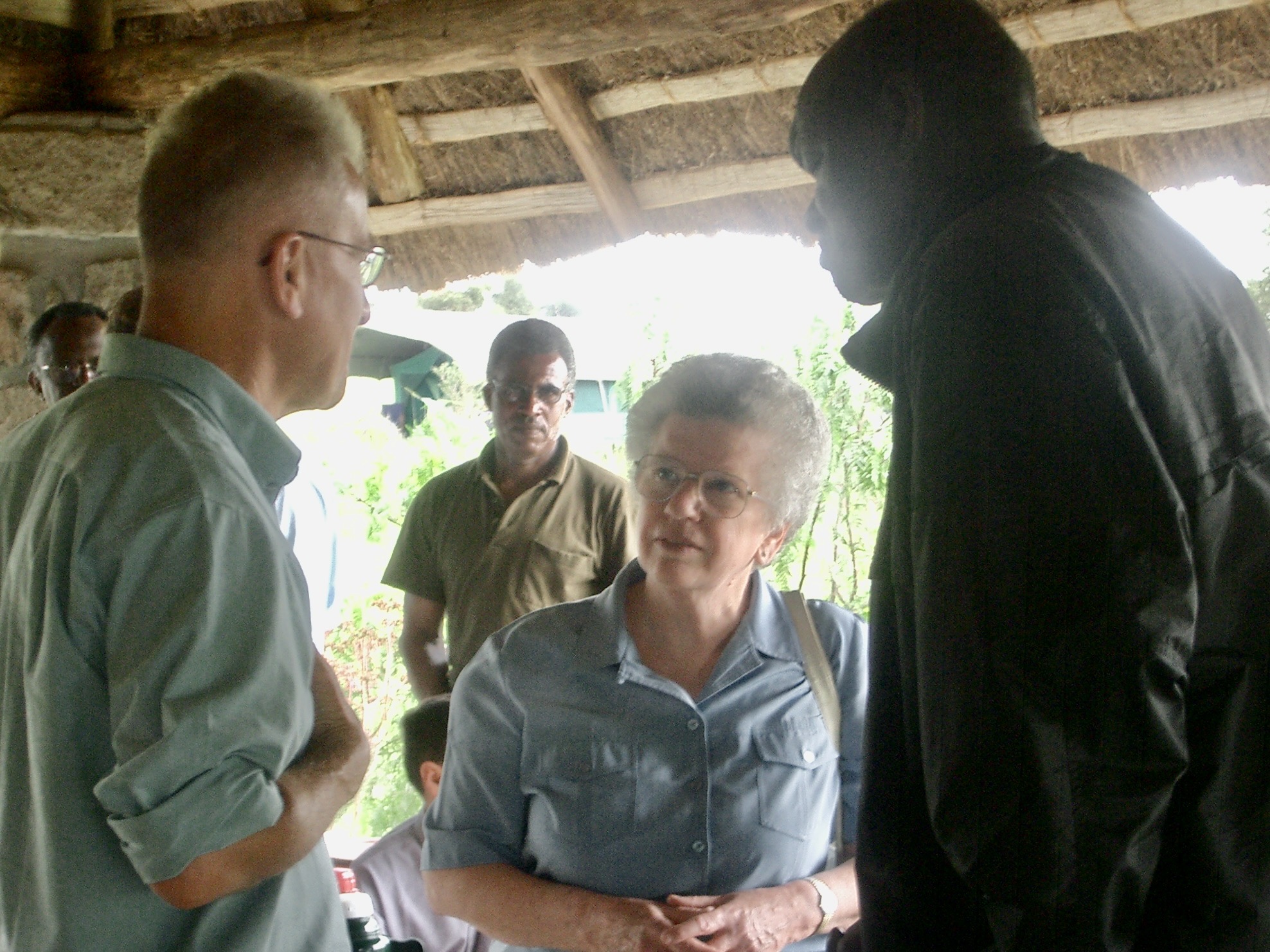 Wendy James, with her fellow teacher Peter Adwok Nyaba and a student on the Rift Valley Institute Sudan Course on the Athi Plains, Kenya, April 2004. Photograph by John Ryle.